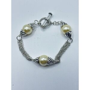 Trifari Pearlessence Faux Pearl Multi Strand Silver Tone Toggle Bracelet 7"